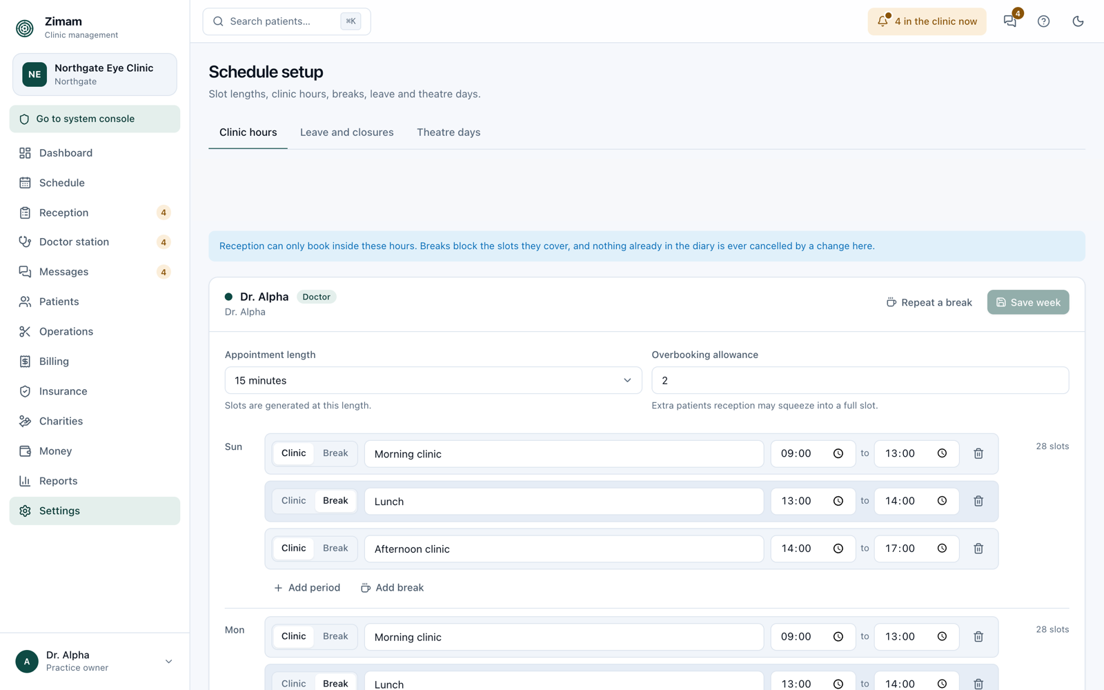Zimam's schedule setup: appointment length and overbooking allowance, then each day's clinic periods and breaks set by typing a name and two times.